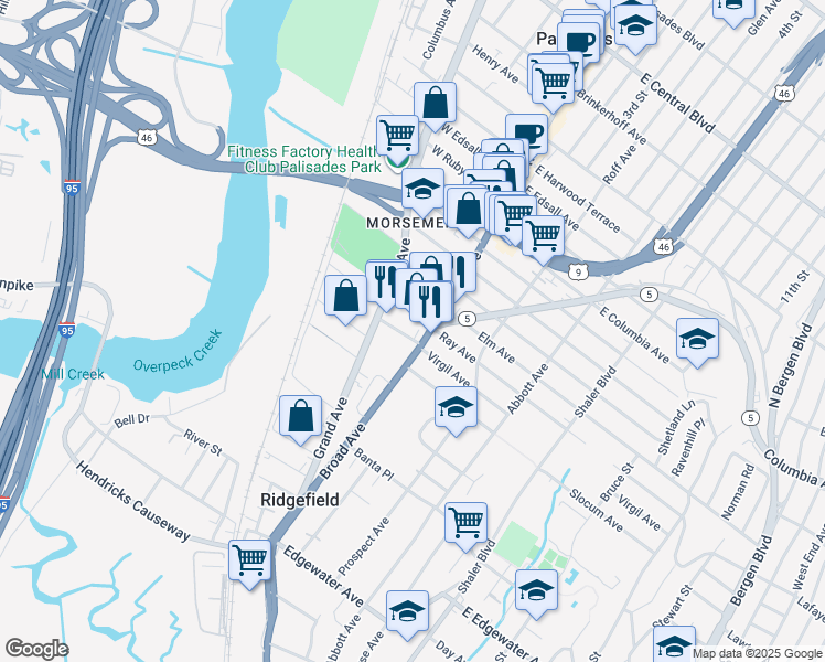 map of restaurants, bars, coffee shops, grocery stores, and more near 975 Virgil Avenue in Ridgefield