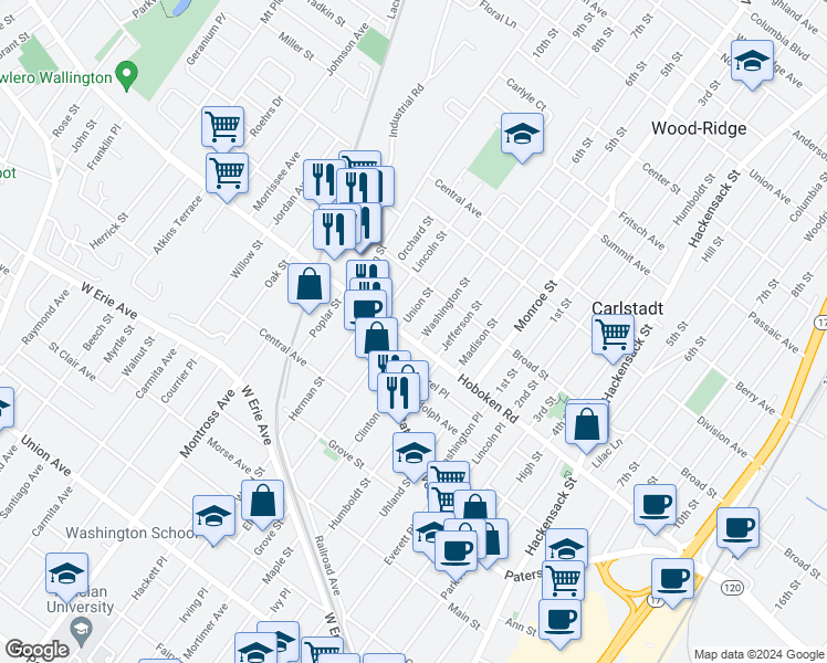 map of restaurants, bars, coffee shops, grocery stores, and more near 302 Hoboken Road in East Rutherford