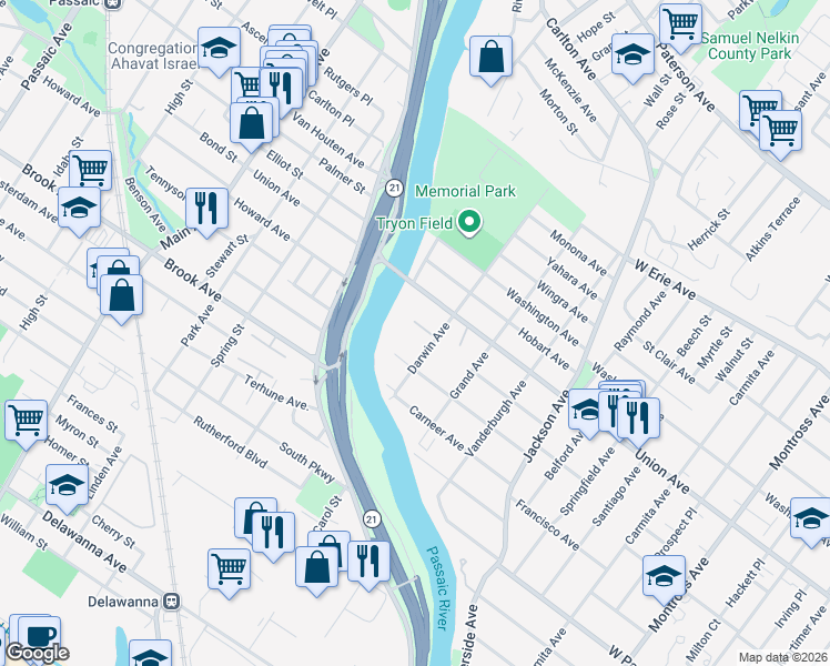 map of restaurants, bars, coffee shops, grocery stores, and more near 116 Hastings Avenue in Rutherford
