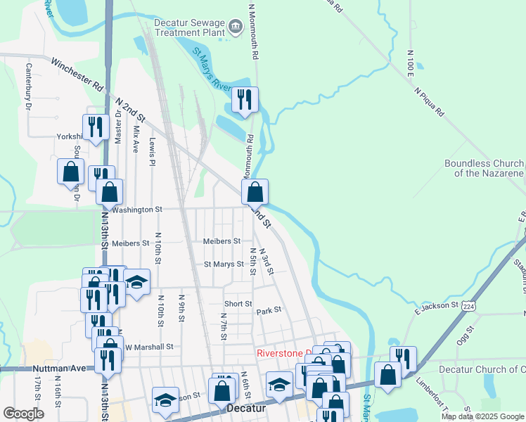 map of restaurants, bars, coffee shops, grocery stores, and more near 916 North 5th Street in Decatur