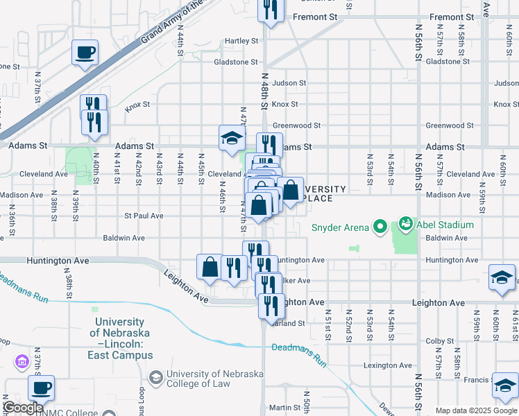 map of restaurants, bars, coffee shops, grocery stores, and more near 2639 North 48th Street in Lincoln