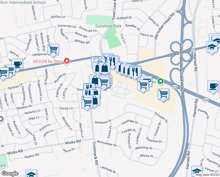 map of restaurants, bars, coffee shops, grocery stores, and more near 70 Fairfield Way in Commack