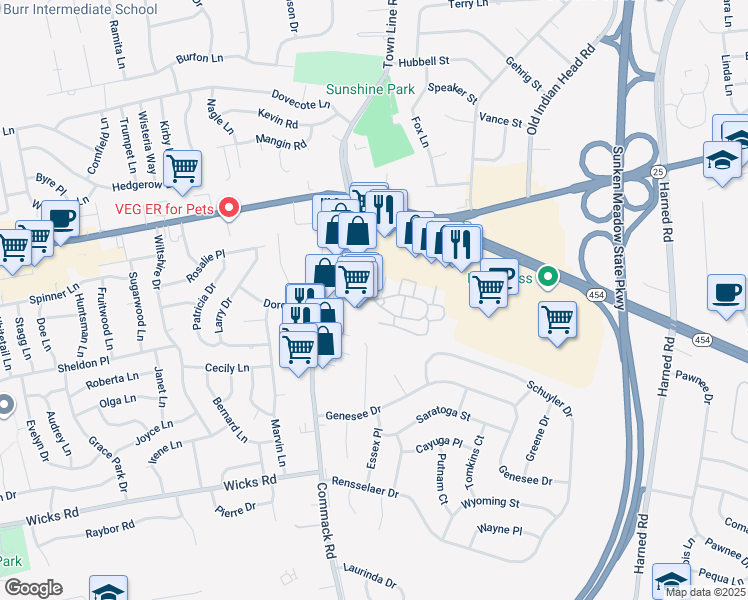 map of restaurants, bars, coffee shops, grocery stores, and more near 90 Fairfield Way in Commack