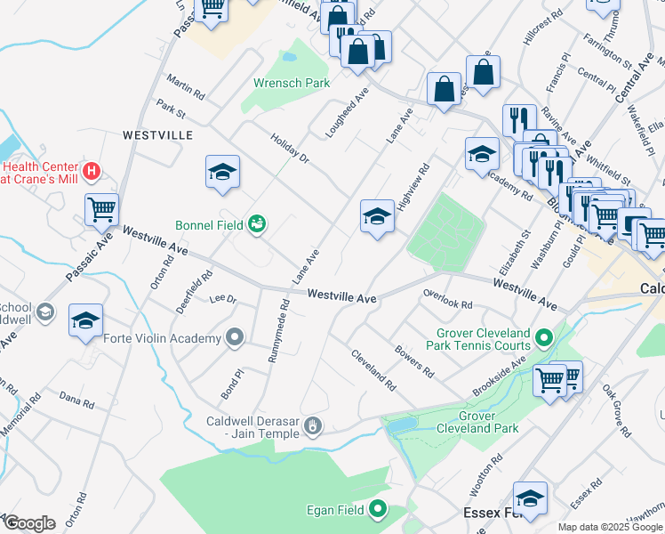 map of restaurants, bars, coffee shops, grocery stores, and more near 26 Park Terrace in Caldwell