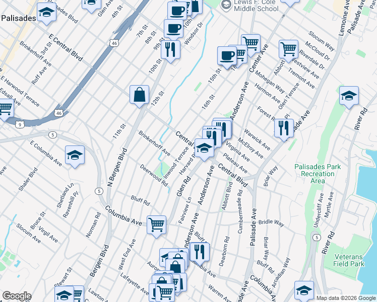 map of restaurants, bars, coffee shops, grocery stores, and more near 503 Brinkerhoff Avenue in Palisades Park