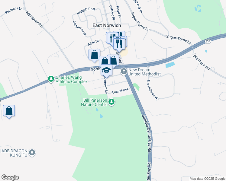 map of restaurants, bars, coffee shops, grocery stores, and more near 10 Locust Avenue in East Norwich