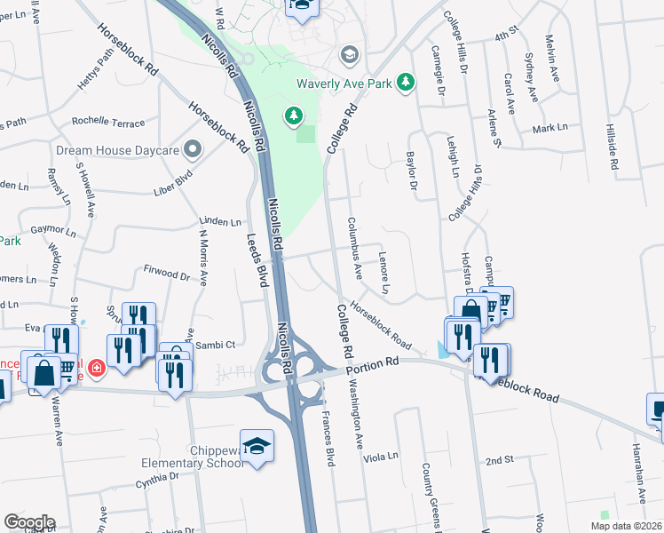 map of restaurants, bars, coffee shops, grocery stores, and more near 2 Highland Place in Farmingville