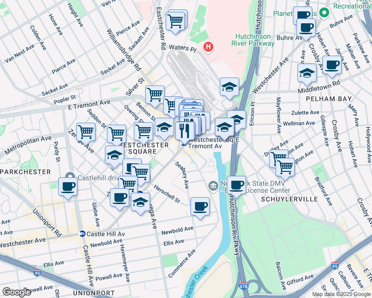 map of restaurants, bars, coffee shops, grocery stores, and more near 125 Westchester Square in The Bronx