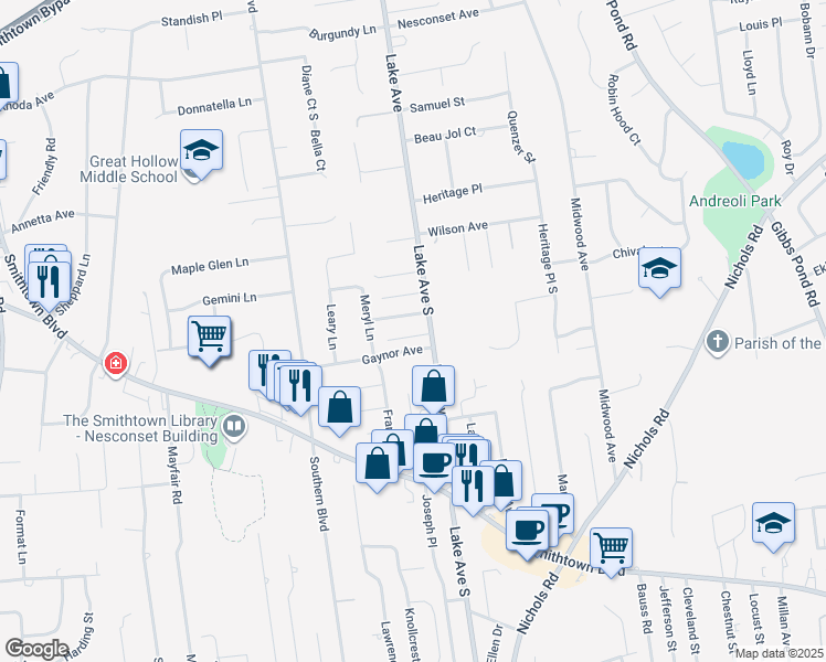 map of restaurants, bars, coffee shops, grocery stores, and more near 330 Lake Avenue South in Nesconset