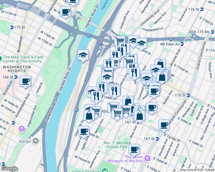 map of restaurants, bars, coffee shops, grocery stores, and more near 1257 Ogden Avenue in Bronx