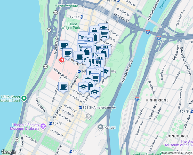 map of restaurants, bars, coffee shops, grocery stores, and more near 2176 Amsterdam Avenue in New York