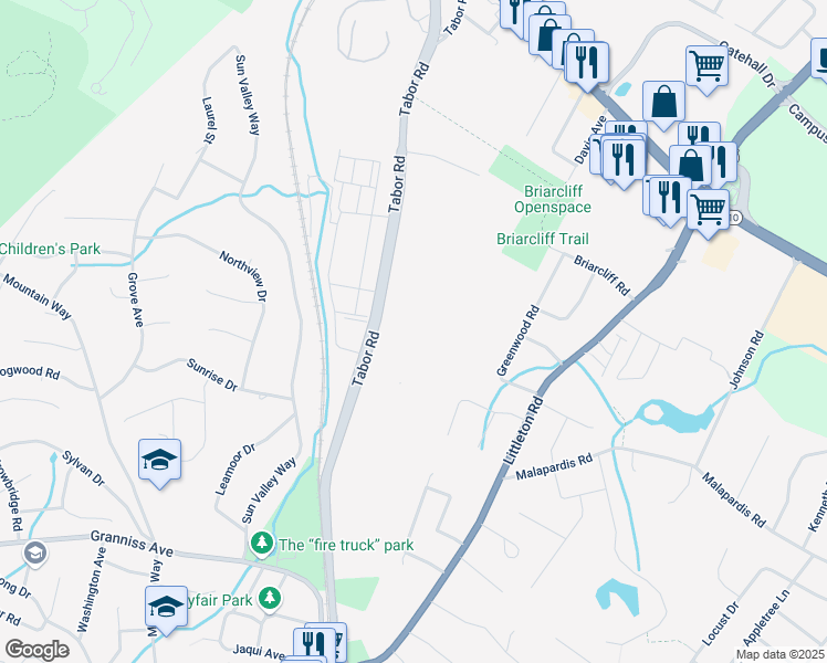 map of restaurants, bars, coffee shops, grocery stores, and more near 185 Tabor Road in Morris Plains
