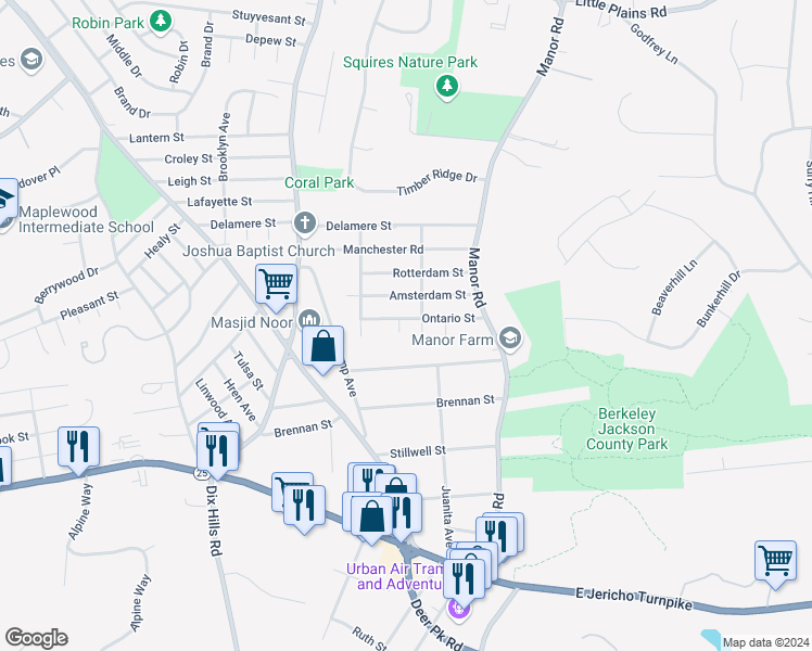 map of restaurants, bars, coffee shops, grocery stores, and more near 30 Ontario Street in Huntington