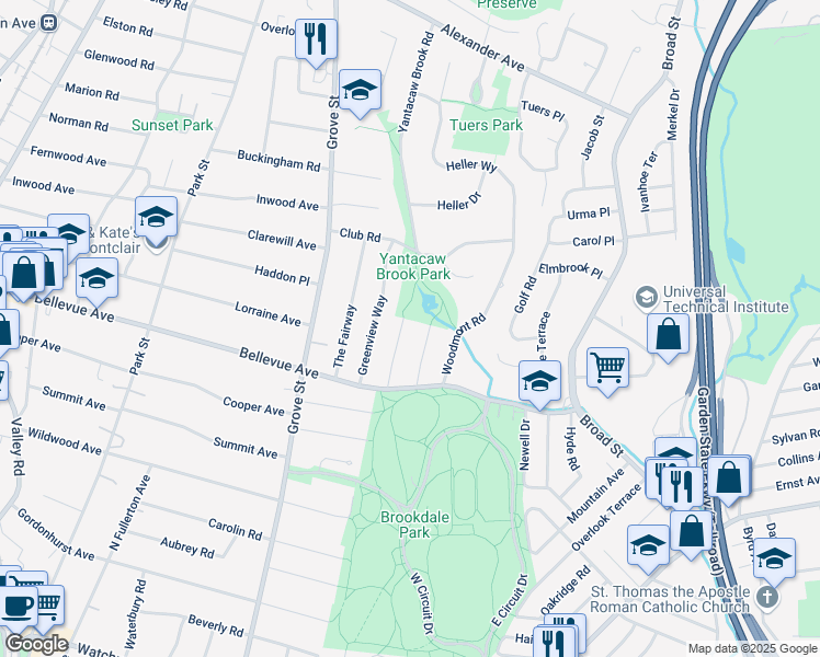 map of restaurants, bars, coffee shops, grocery stores, and more near 30 Club Road in Montclair