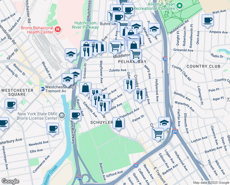 map of restaurants, bars, coffee shops, grocery stores, and more near 2886 Dudley Avenue in Bronx