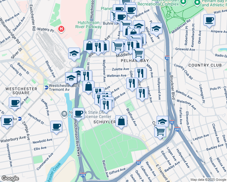 map of restaurants, bars, coffee shops, grocery stores, and more near 2886 Dudley Avenue in Bronx