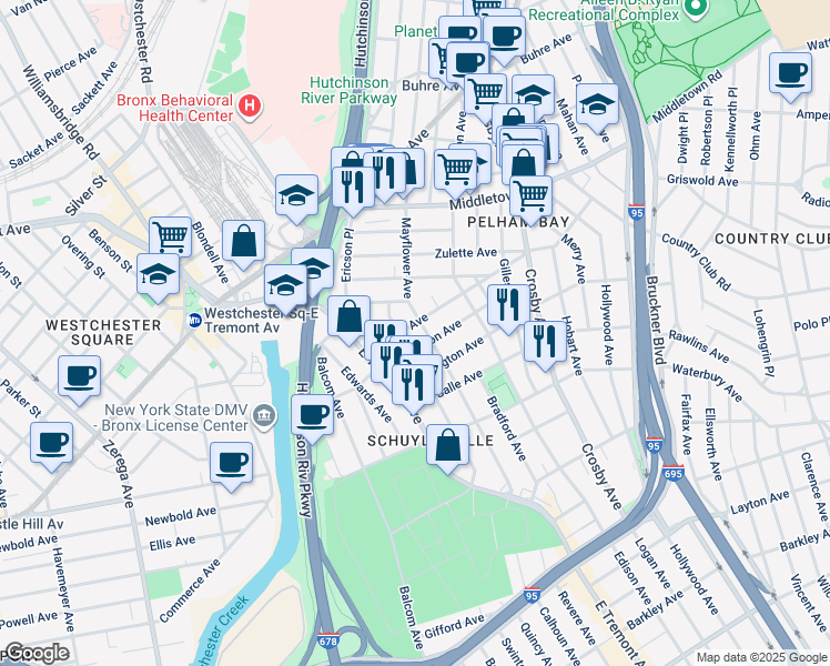 map of restaurants, bars, coffee shops, grocery stores, and more near 1492 Mayflower Avenue in Bronx
