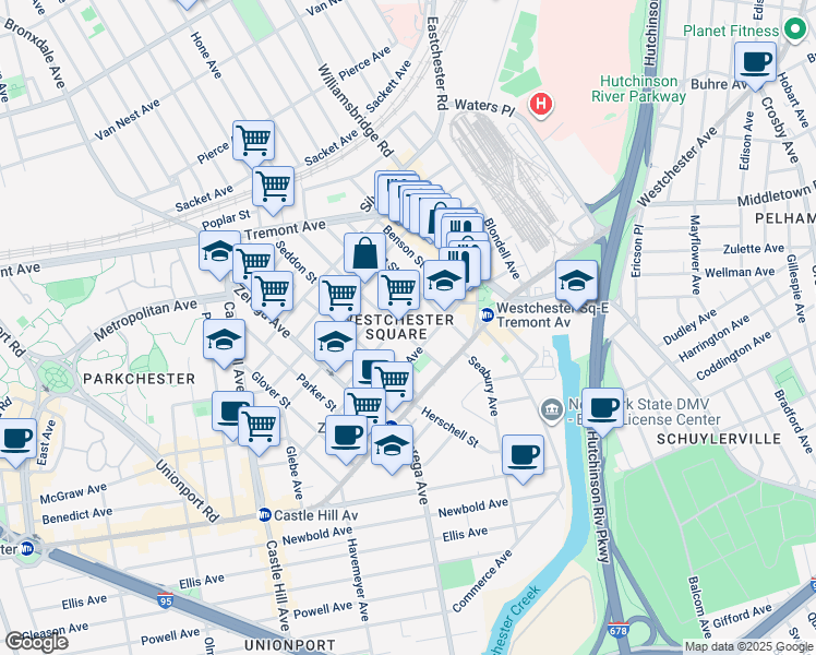 map of restaurants, bars, coffee shops, grocery stores, and more near in The Bronx