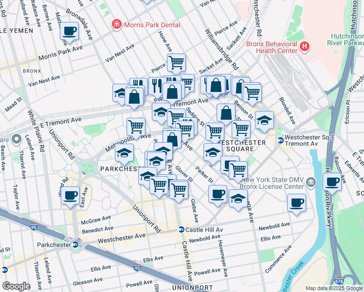 map of restaurants, bars, coffee shops, grocery stores, and more near 2418 Buck Street in Bronx