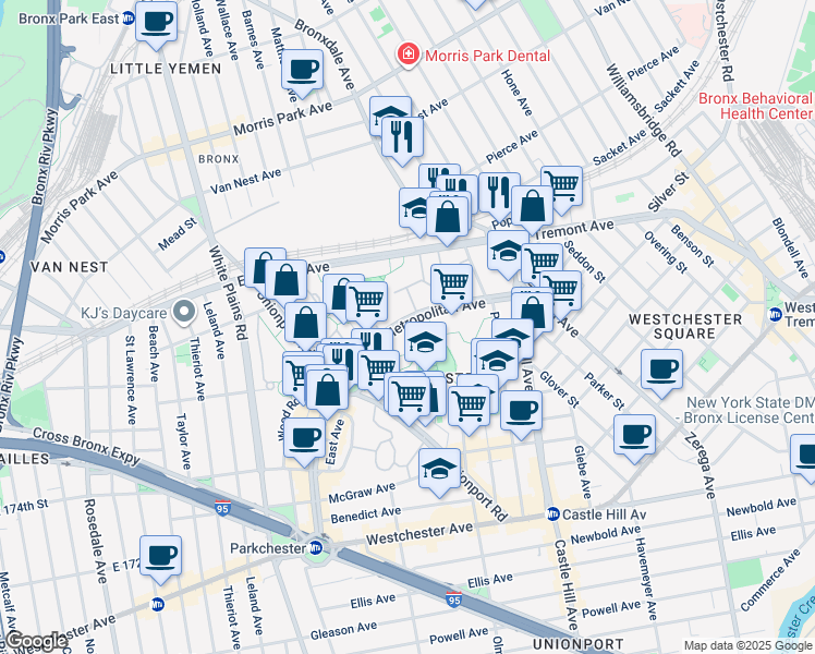 map of restaurants, bars, coffee shops, grocery stores, and more near 1507 Metropolitan Avenue in Bronx