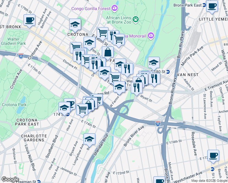 map of restaurants, bars, coffee shops, grocery stores, and more near in The Bronx