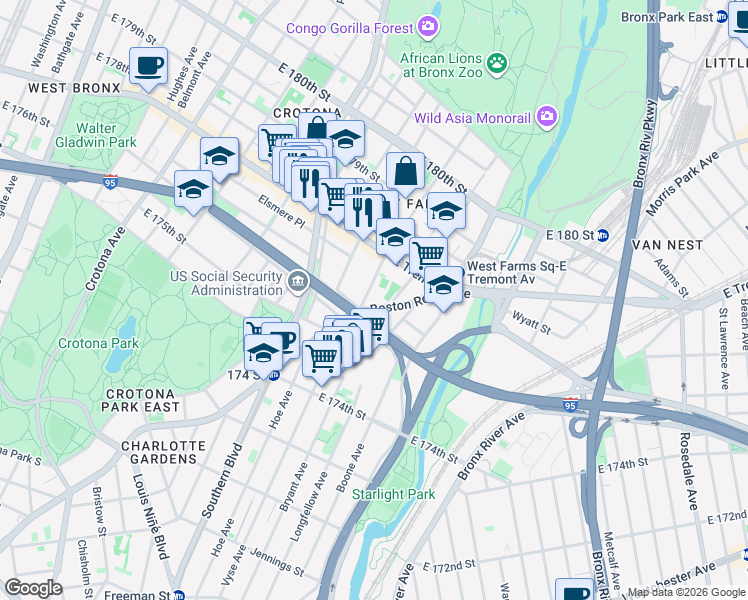 map of restaurants, bars, coffee shops, grocery stores, and more near 1920 Daly Avenue in Bronx