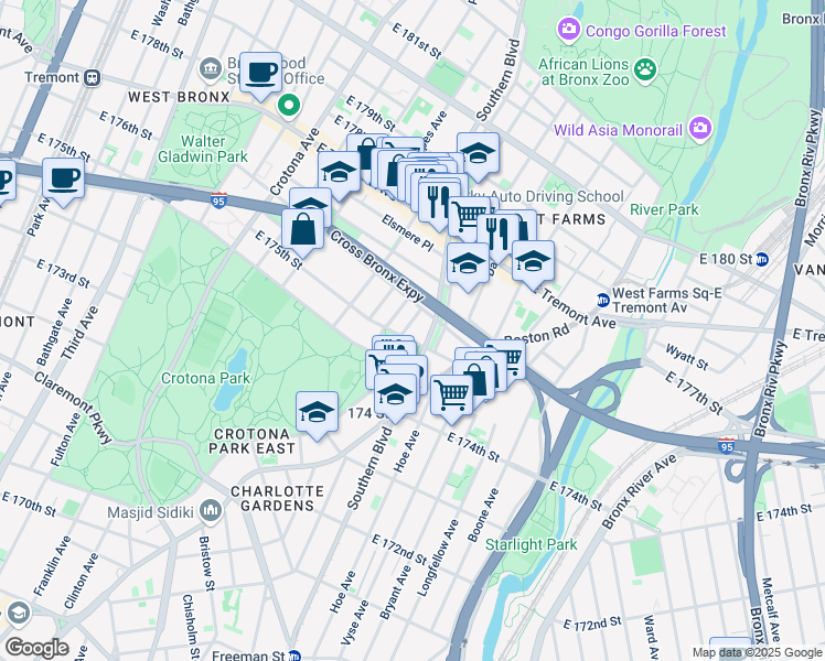 map of restaurants, bars, coffee shops, grocery stores, and more near 1835 Trafalgar Place in Bronx