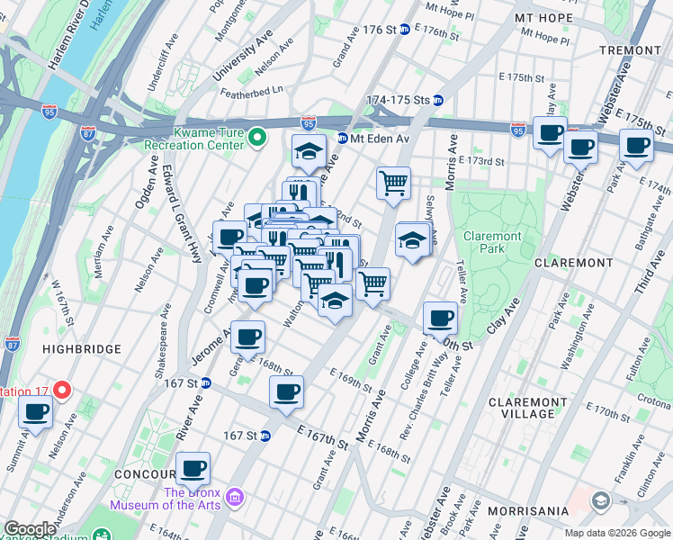 map of restaurants, bars, coffee shops, grocery stores, and more near in The Bronx