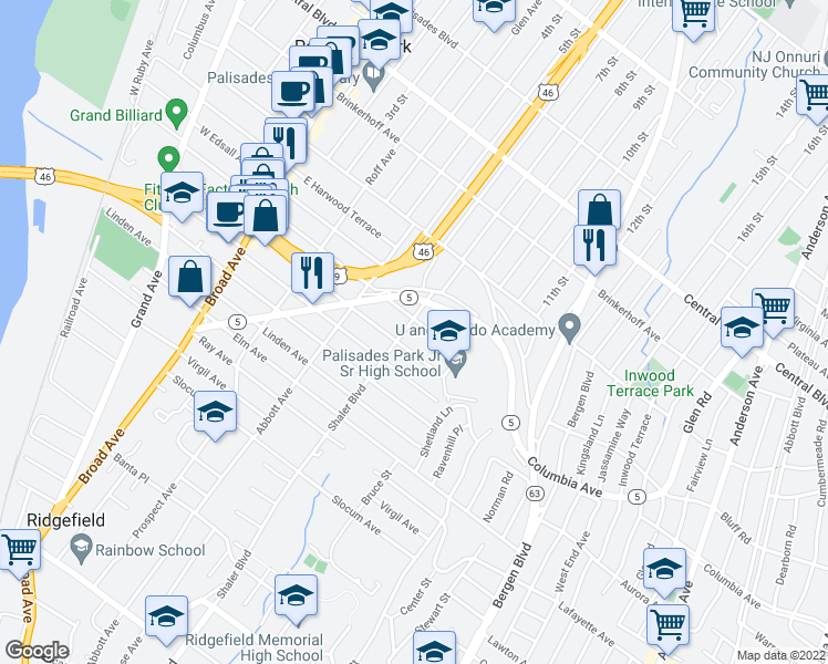 map of restaurants, bars, coffee shops, grocery stores, and more near 49B Delia Boulevard in Palisades Park