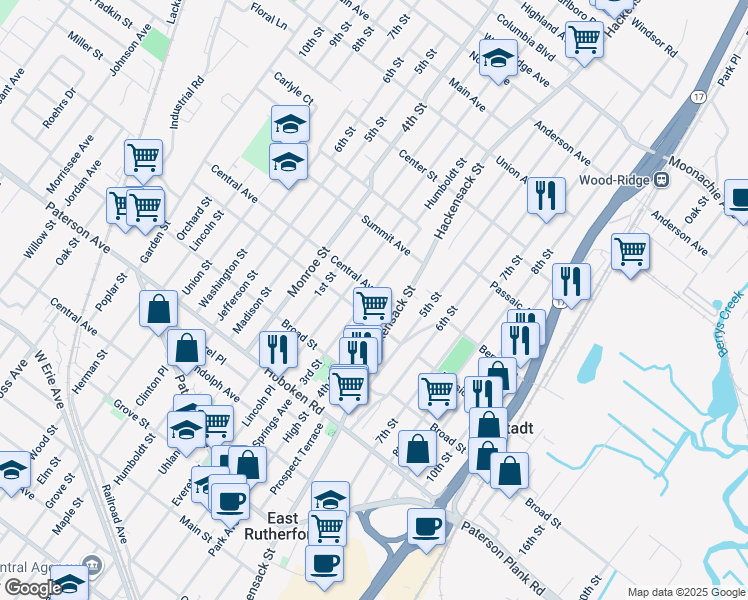 map of restaurants, bars, coffee shops, grocery stores, and more near in Carlstadt