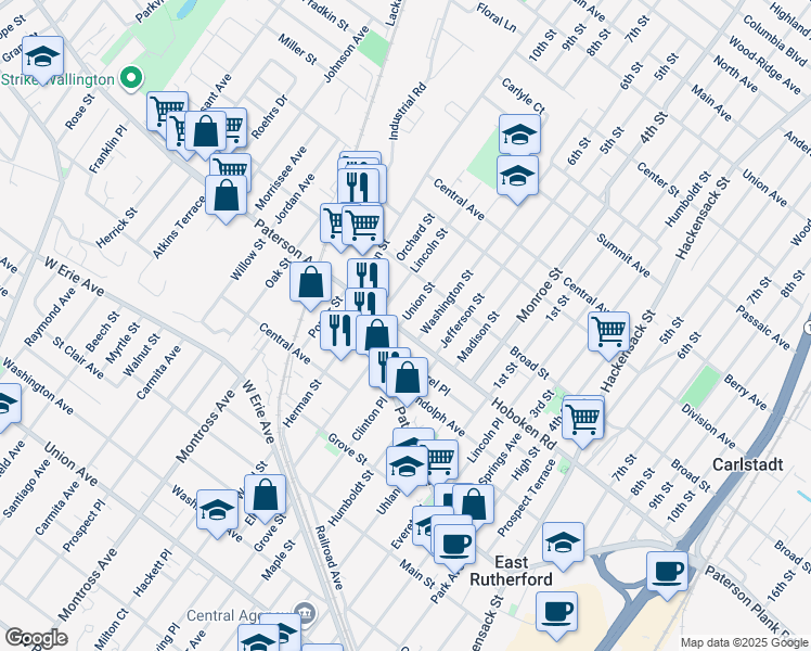 map of restaurants, bars, coffee shops, grocery stores, and more near 305 Lincoln Street in Carlstadt