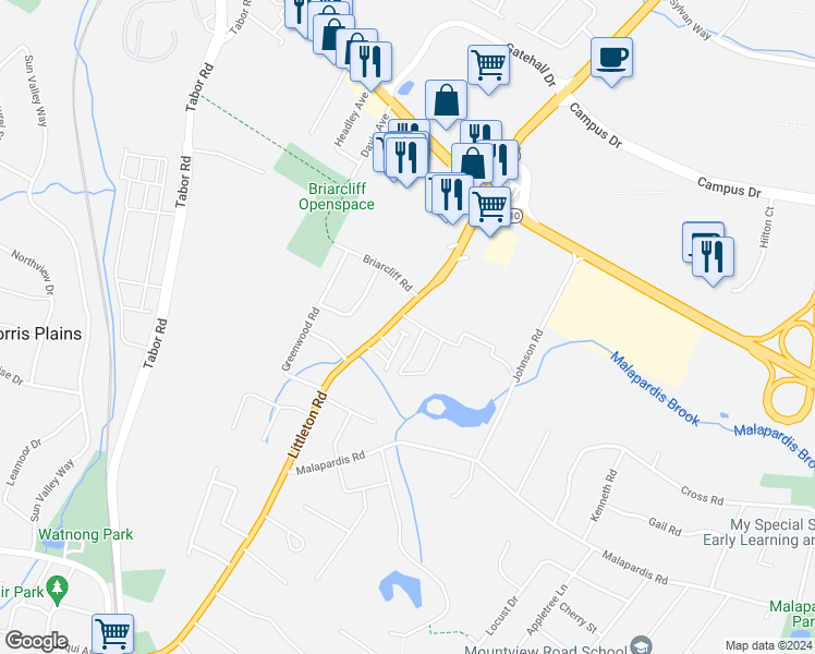 map of restaurants, bars, coffee shops, grocery stores, and more near 200 Littleton Road in Morris Plains