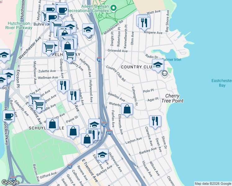 map of restaurants, bars, coffee shops, grocery stores, and more near 3155 Rawlins Avenue in The Bronx