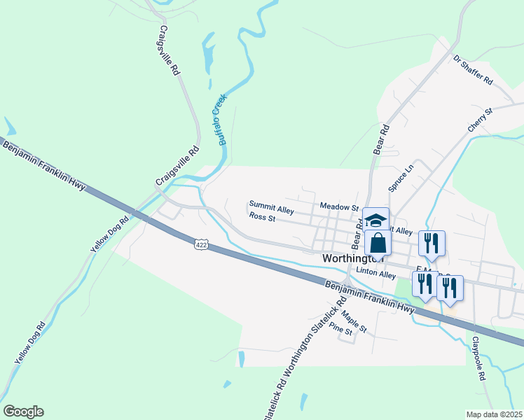 map of restaurants, bars, coffee shops, grocery stores, and more near 112 West Main Street in Worthington