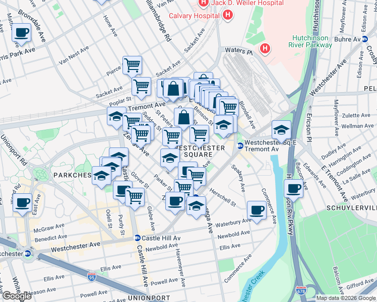 map of restaurants, bars, coffee shops, grocery stores, and more near 2476 Saint Raymond Avenue in Bronx