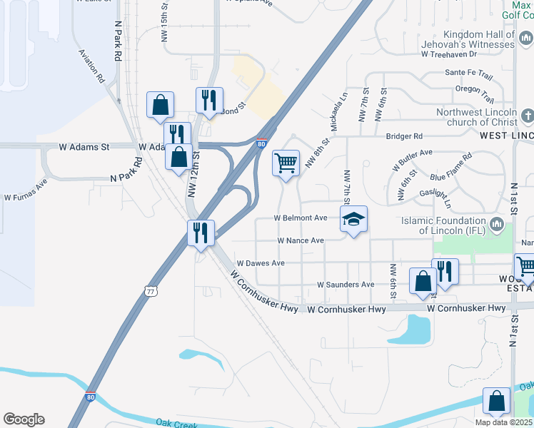 map of restaurants, bars, coffee shops, grocery stores, and more near 924 West Belmont Avenue in Lincoln