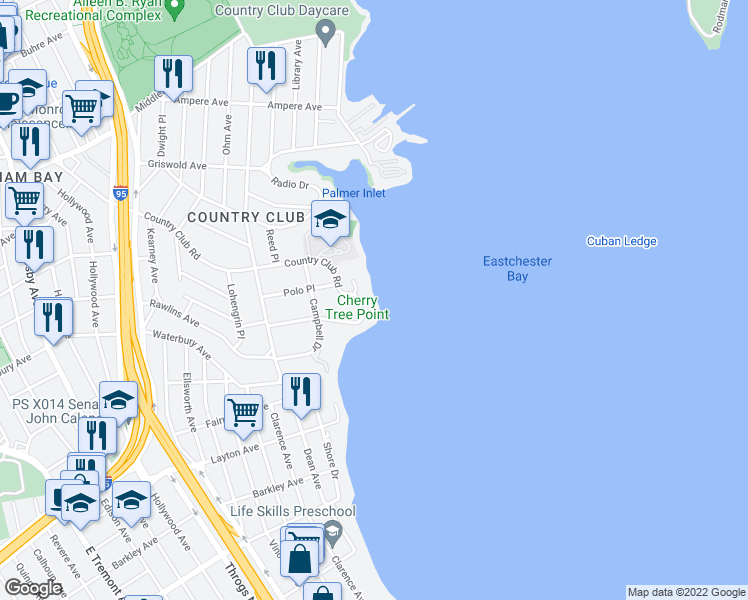 map of restaurants, bars, coffee shops, grocery stores, and more near 3391-10 Country Club Road in Bronx
