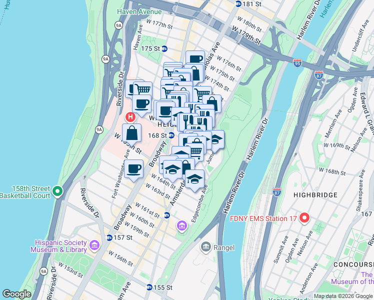 map of restaurants, bars, coffee shops, grocery stores, and more near 511 West 167th Street in New York