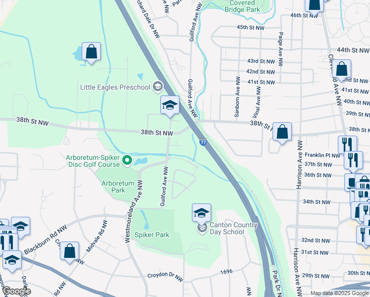 map of restaurants, bars, coffee shops, grocery stores, and more near 2902 Arboretum Circle Northwest in Canton