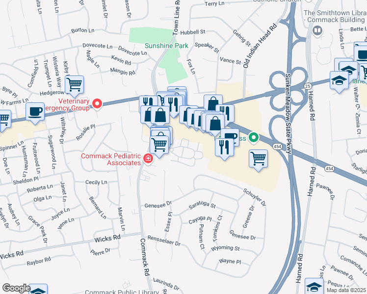 map of restaurants, bars, coffee shops, grocery stores, and more near 20 Fairfield Way in Commack
