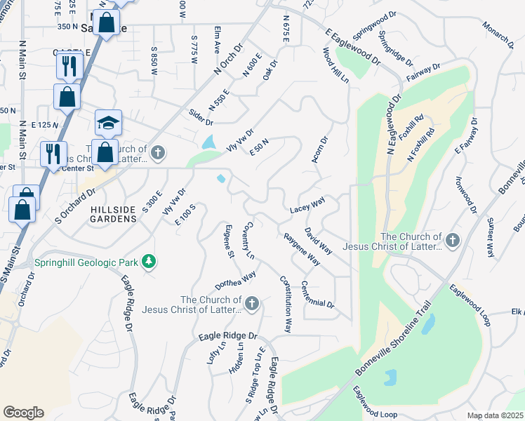 map of restaurants, bars, coffee shops, grocery stores, and more near 585 Marialana Way in North Salt Lake