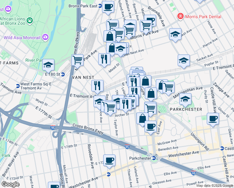 map of restaurants, bars, coffee shops, grocery stores, and more near 1841 East Tremont Avenue in The Bronx