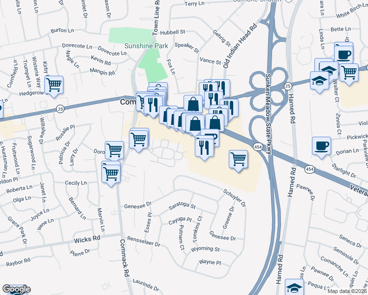 map of restaurants, bars, coffee shops, grocery stores, and more near 65 Fairfield Way in Commack