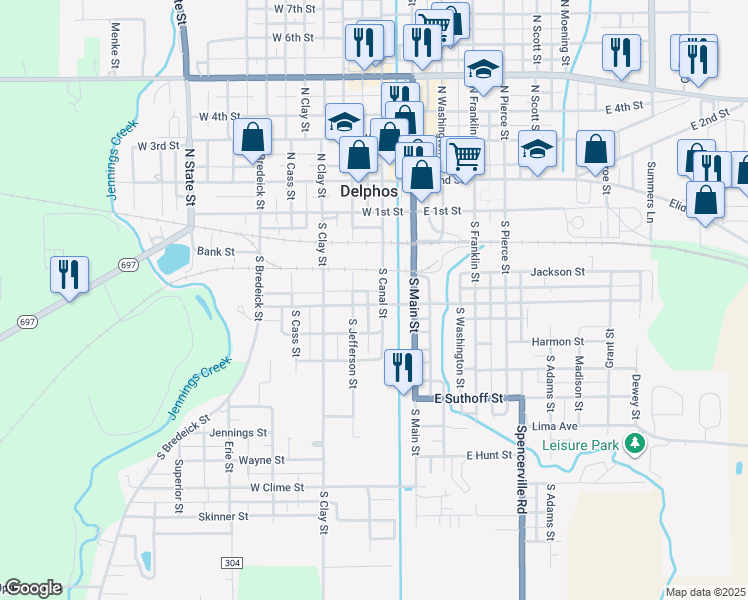 map of restaurants, bars, coffee shops, grocery stores, and more near 312 South Jefferson Street in Delphos
