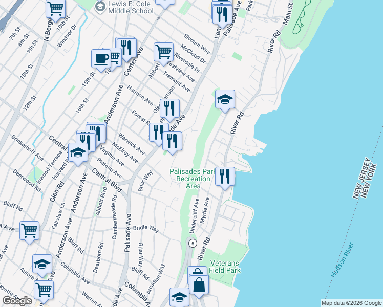 map of restaurants, bars, coffee shops, grocery stores, and more near 6 Horizon Road in Fort Lee