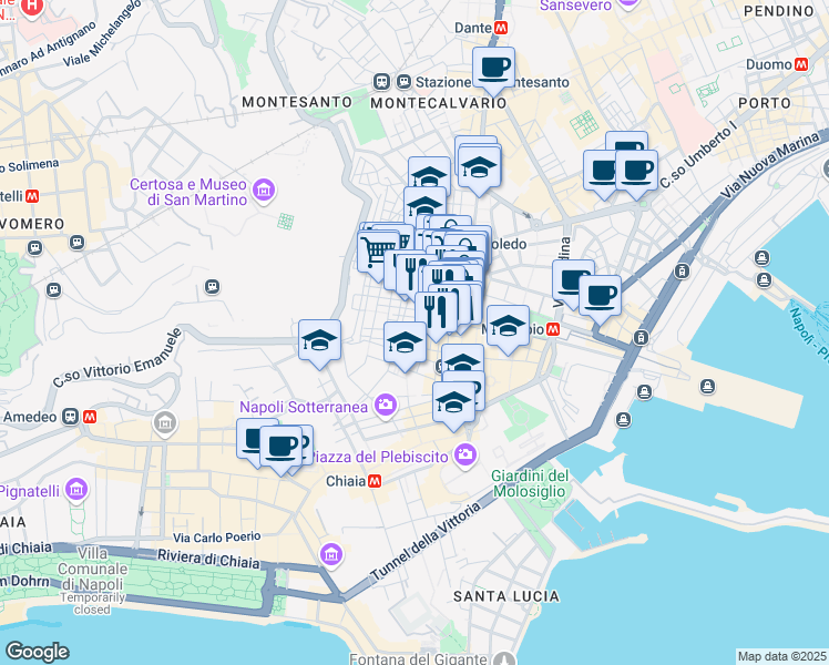 map of restaurants, bars, coffee shops, grocery stores, and more near 24 Salita Trinità degli Spagnoli in Napoli