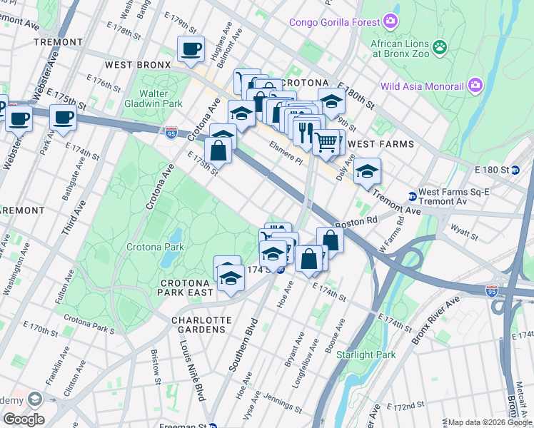 map of restaurants, bars, coffee shops, grocery stores, and more near in The Bronx