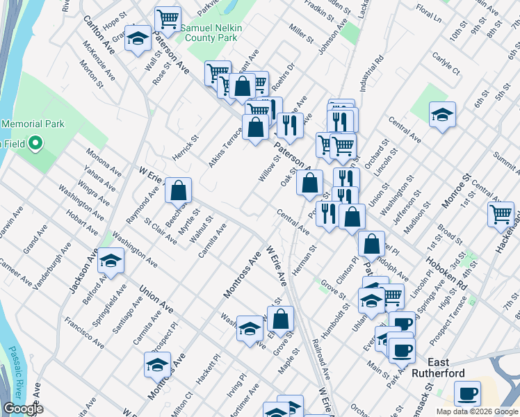 map of restaurants, bars, coffee shops, grocery stores, and more near 100 Willow Street in East Rutherford