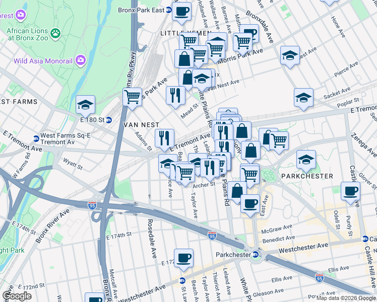 map of restaurants, bars, coffee shops, grocery stores, and more near 1576 Taylor Avenue in Bronx