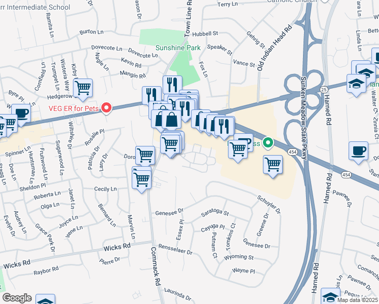 map of restaurants, bars, coffee shops, grocery stores, and more near 35 Fairfield Way in Commack